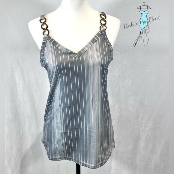 Gray & white striped cotton blend tank top with gold link straps size small NWT - Picture 2 of 6